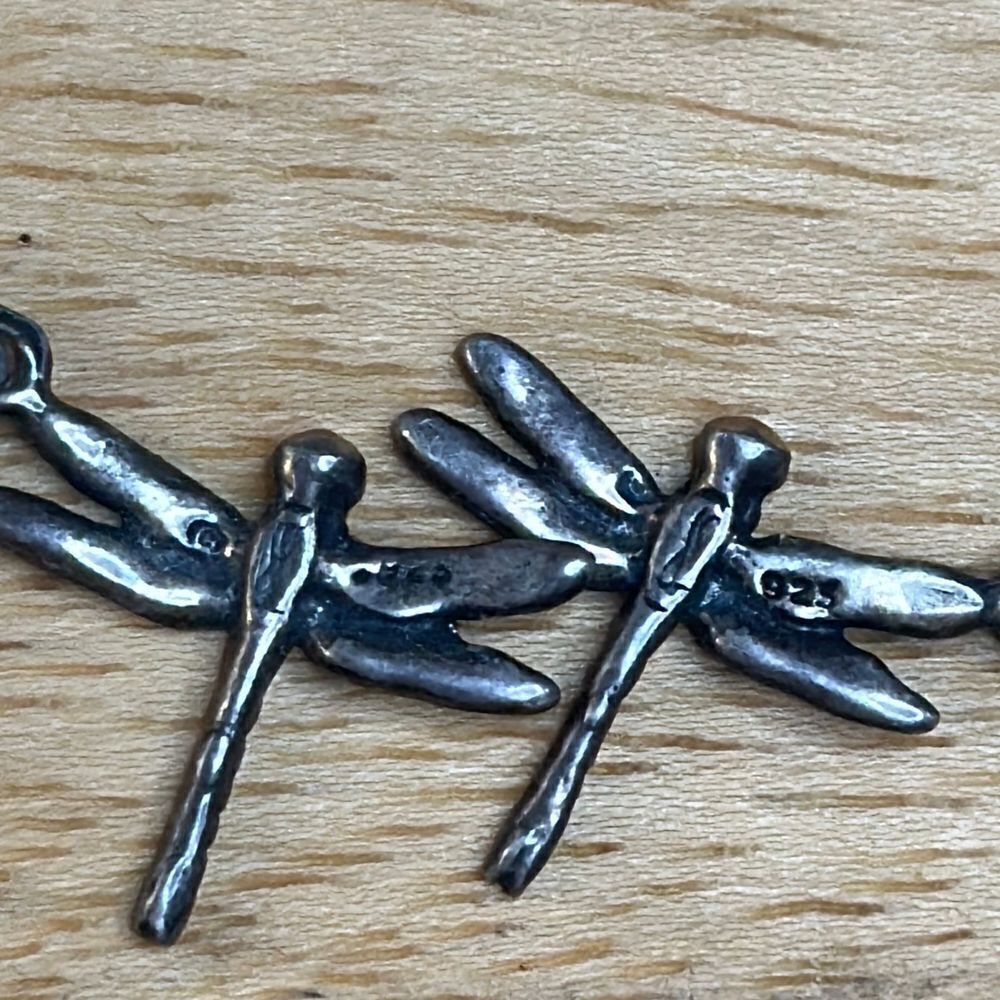 delicate dragonfly drip earrings, Silver stamped, with blue / purple bead accent - Picture 5 of 10